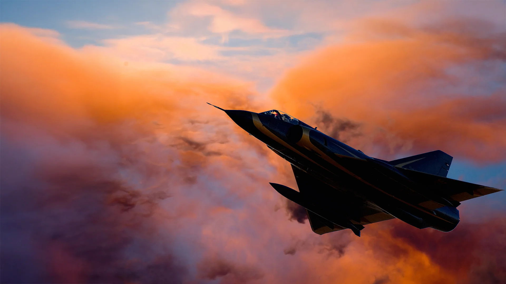 Fighter jet soaring through dramatic sunset clouds